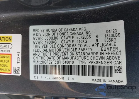 2023 Honda Civic Sport из США, поврежденный, VIN 2HGFE2F53PH540010